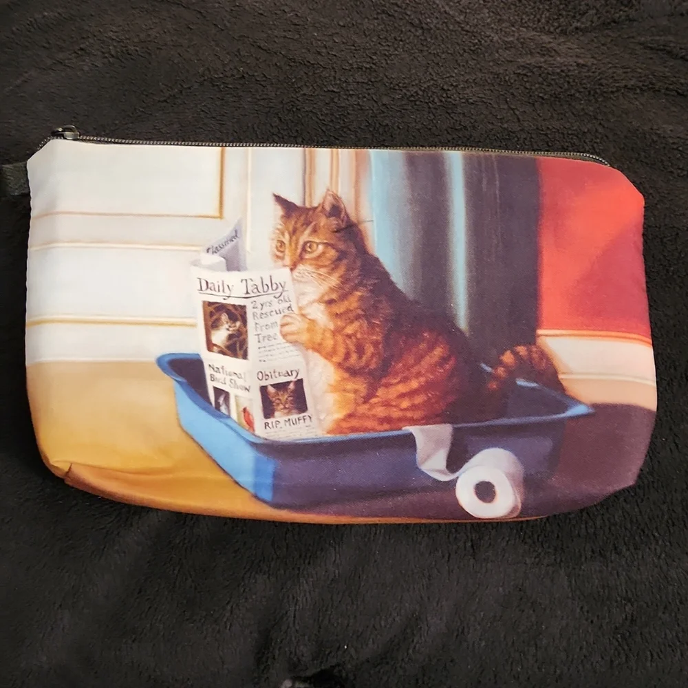 NEW- Cosmetic Bag, Storage Bag - Cat reading the newspaper